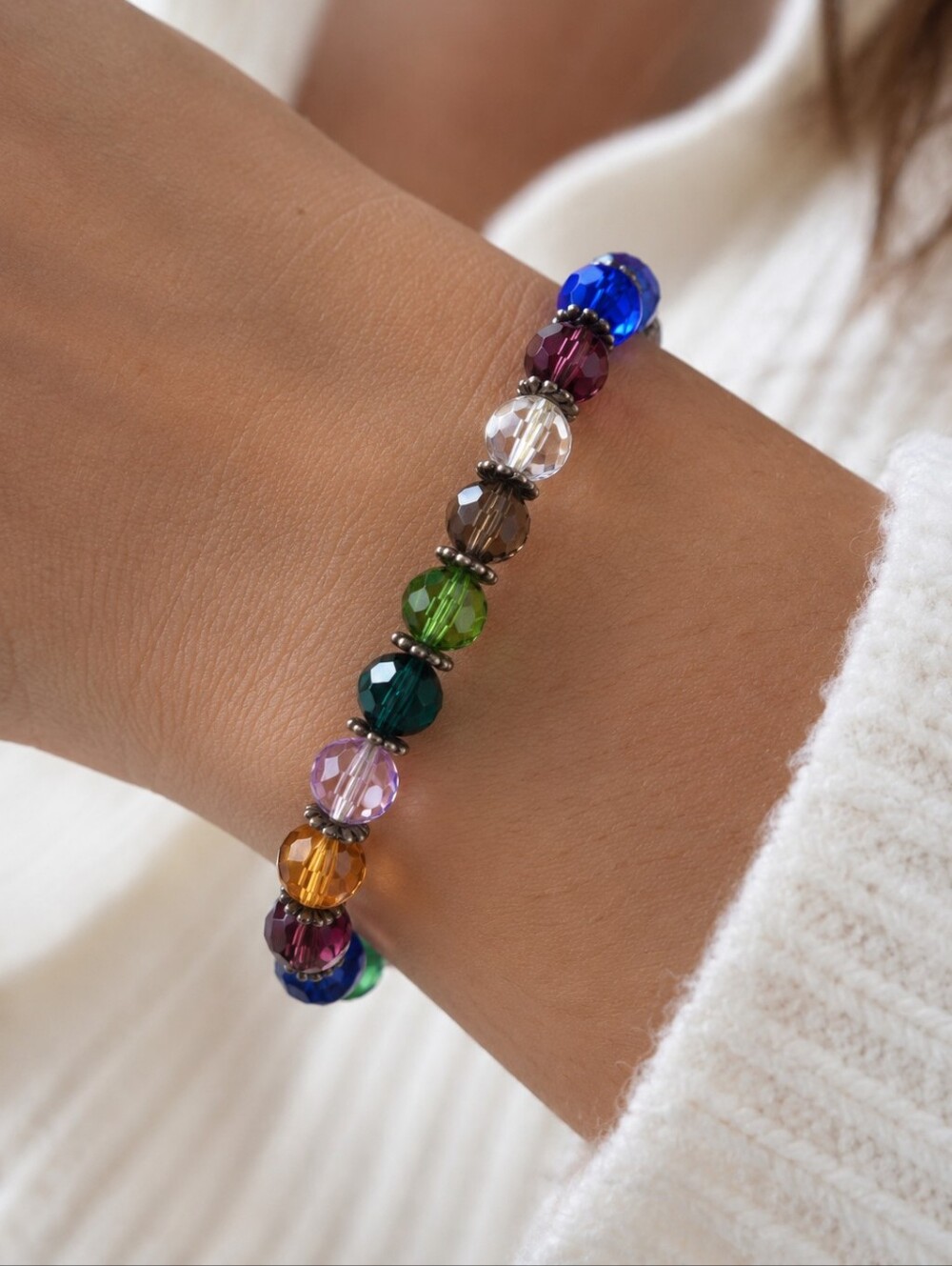 Rainbow Faceted Multicolor Crystal Glass Beaded Stretch Bracelet Fashion Jewelry